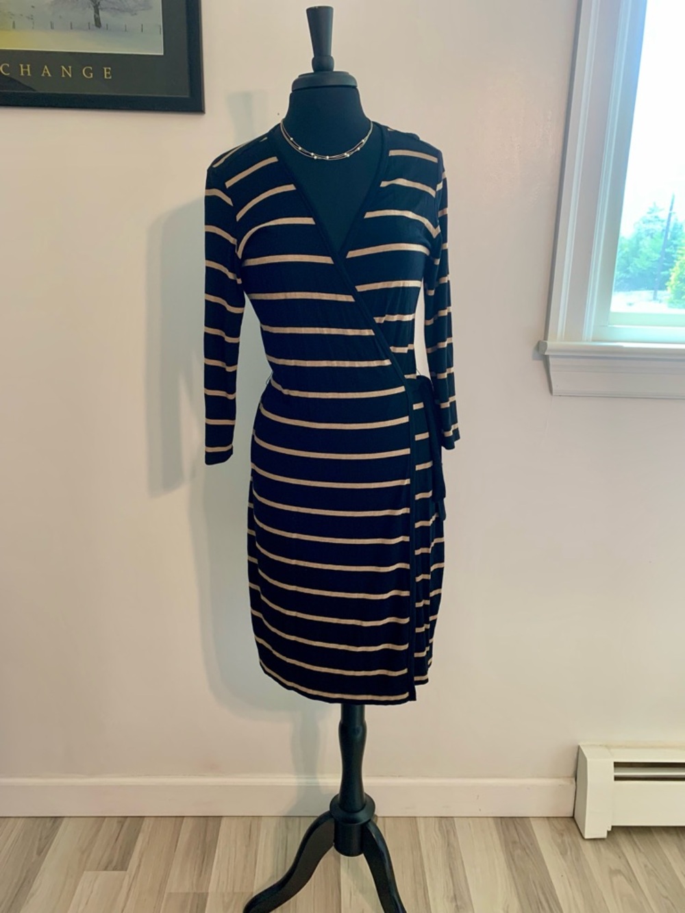 Calvin Klein dress Wrap Midi Dress black tan striped long sleeve v neck 10 M L